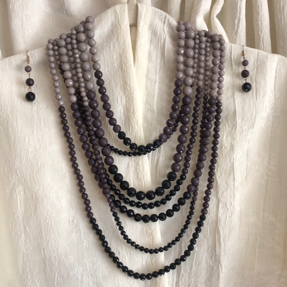 Multi-Strand Grey Black Faceted Bead Necklace + Earrings